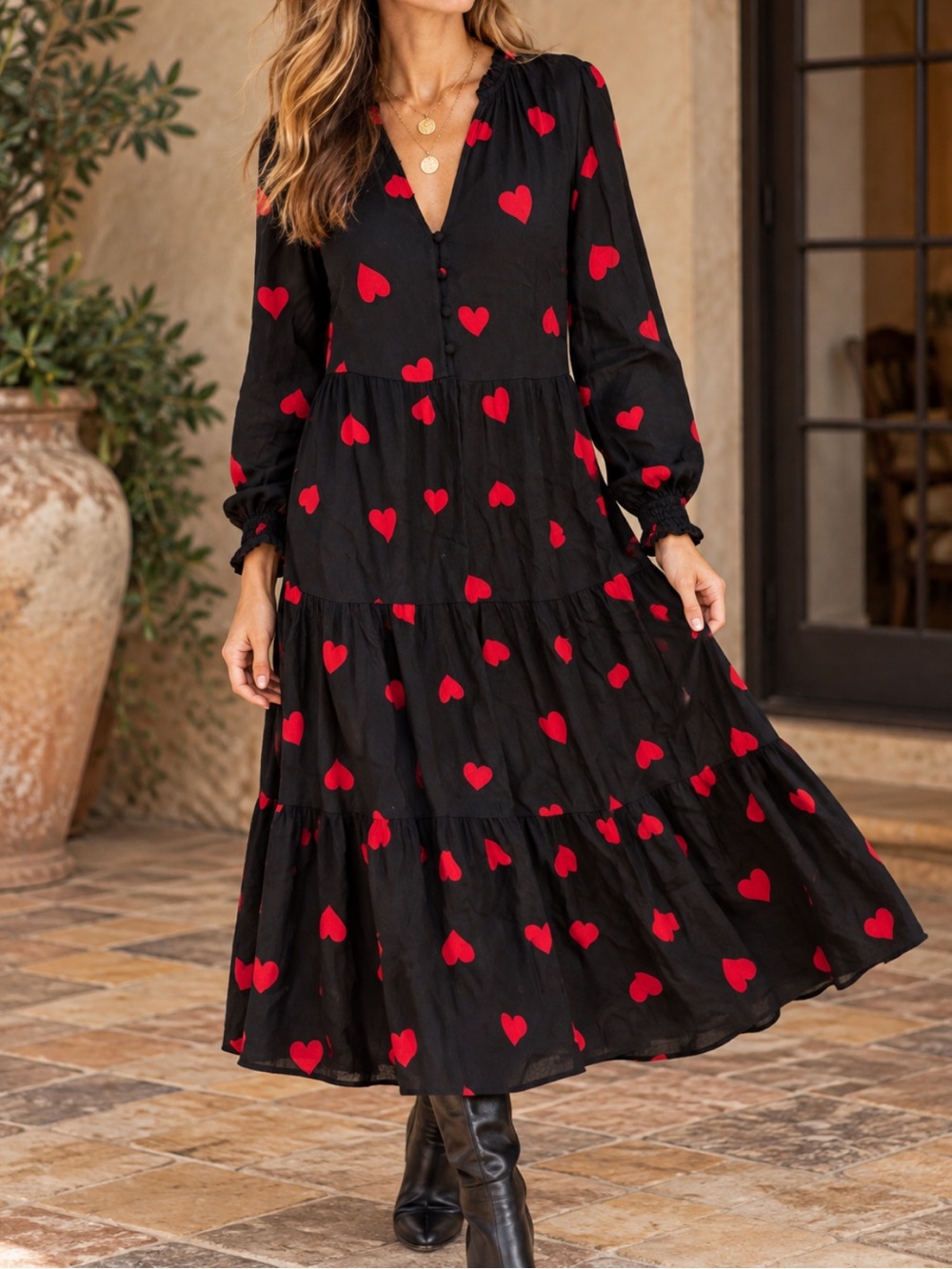 LOFT Black Red Heart Print Tiered Midi Maxi Dress Size Small Romantic Boho